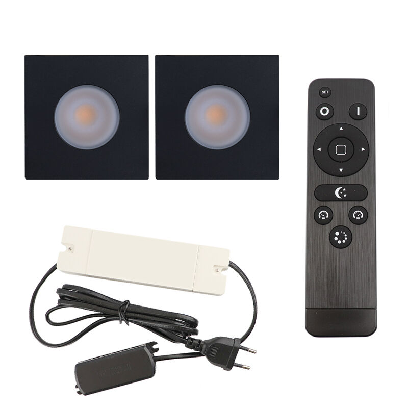 2 spots encastrés veranda carrés noir Dico, IP65, avec kit de connexion et télécommande
