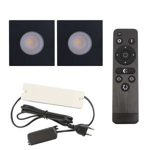 2 spots encastrés veranda carrés noir Dico, IP65, avec kit de connexion et télécommande