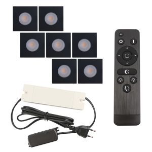 7 spots encastrés veranda carrés noir Dico, IP65, avec kit de connexion et télécommande