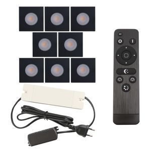 8 spots encastrés veranda carrés noir Dico, IP65, avec kit de connexion et télécommande