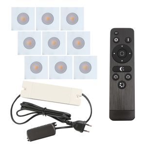 9 spots encastrés veranda carrés blanc Dico, IP65, avec kit de connexion et télécommande