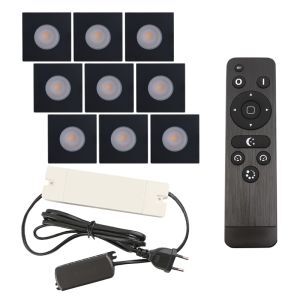 9 spots encastrés veranda carrés noir Dico, IP65, avec kit de connexion et télécommande