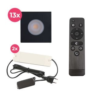 13 spots encastrés veranda carrés noir Dico, IP65, avec kit de connexion et télécommande