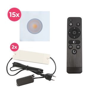 15 spots encastrés veranda carrés blanc Dico, IP65, avec kit de connexion et télécommande