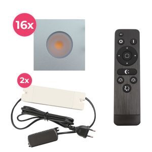 16 spots encastrés veranda carrés chromé Dico, IP65, avec kit de connexion et télécommande