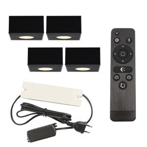 4 spots en saillie veranda carrés noirs Fredo, IP44, avec kit de connexion et télécommande