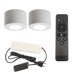 2 spots en saillie veranda ronds blancs Vasso, IP44, avec kit de connexion et télécommande