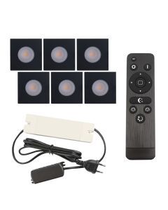 6 spots encastrés veranda carrés noir Dico, IP65, avec kit de connexion et télécommande