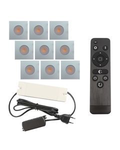9 spots encastrés veranda carrés chromé Dico, IP65, avec kit de connexion et télécommande