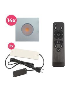 14 spots encastrés veranda carrés chromé Dico, IP65, avec kit de connexion et télécommande