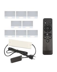 8 spots en saillie veranda carrés blancs Fredo, IP44, avec kit de connexion et télécommande